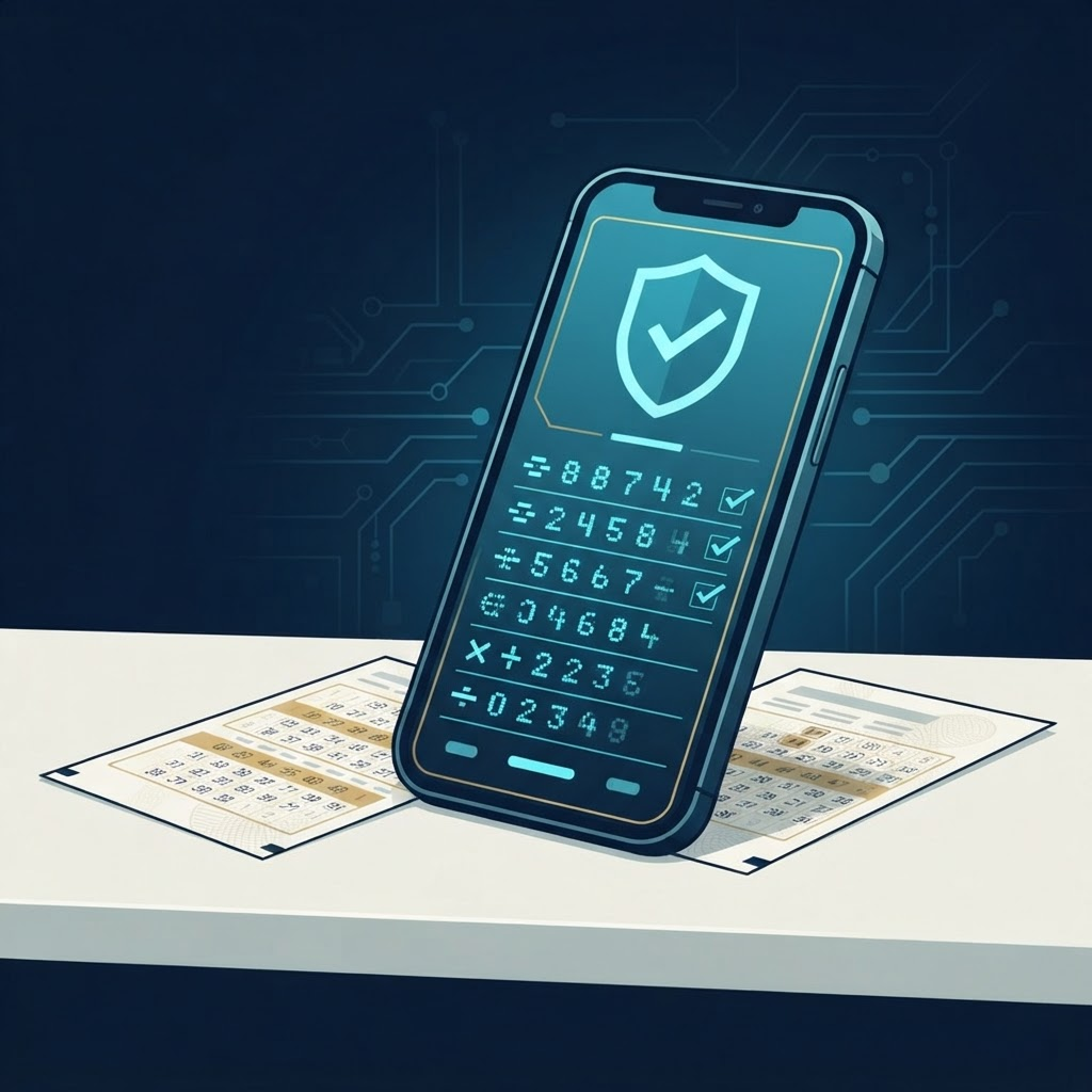 Secure phone result check beside a protected lottery ticket