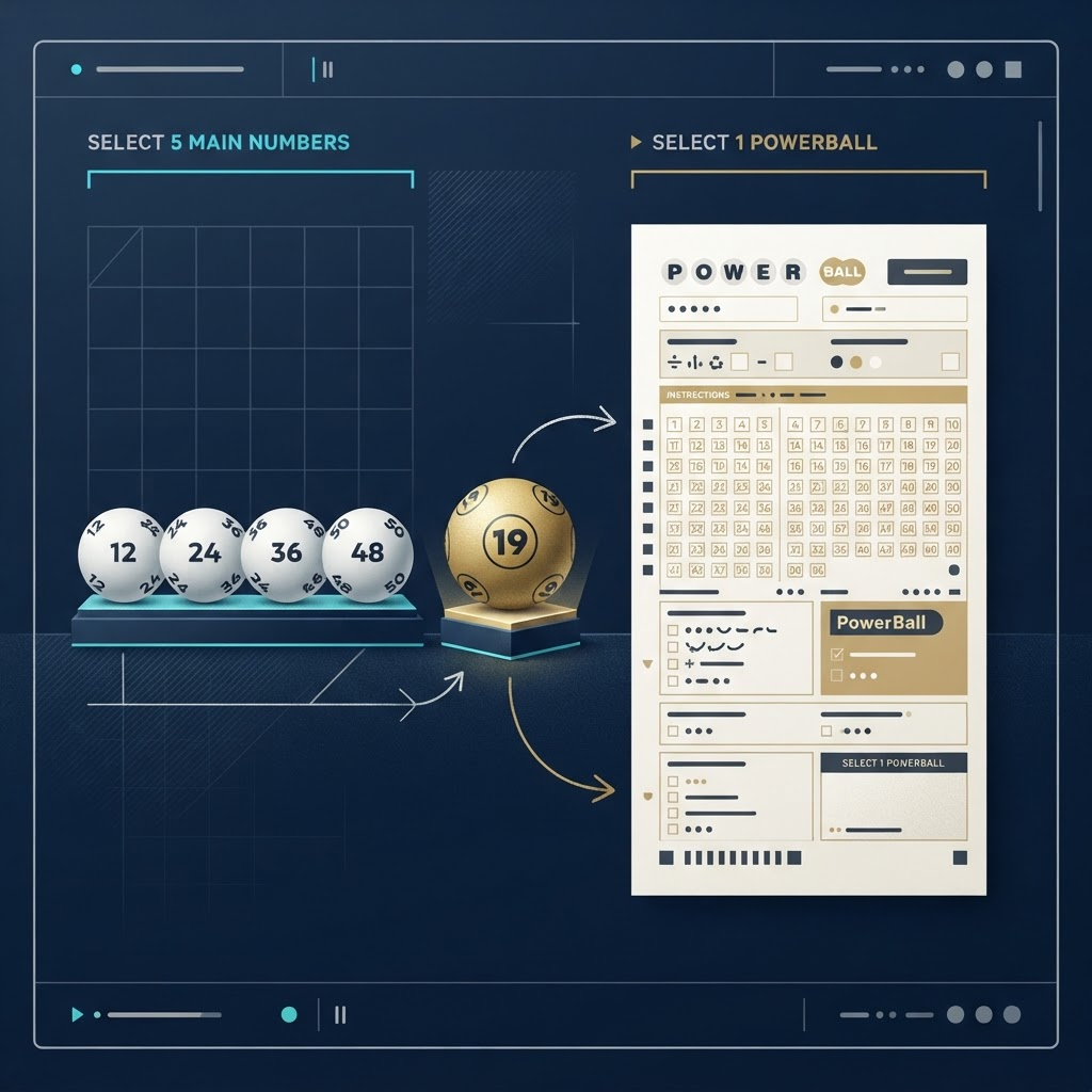 PowerBall ticket with five main balls and a separate gold PowerBall