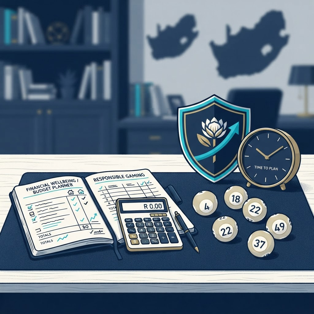 Budget notebook, calculator and shield for responsible lottery play