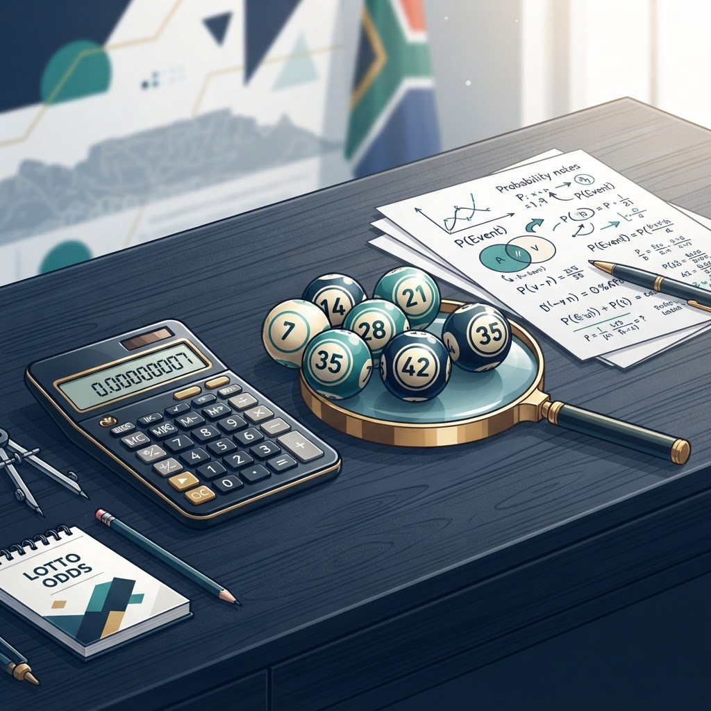 Numbered lottery balls, calculator and probability notes explaining lottery odds